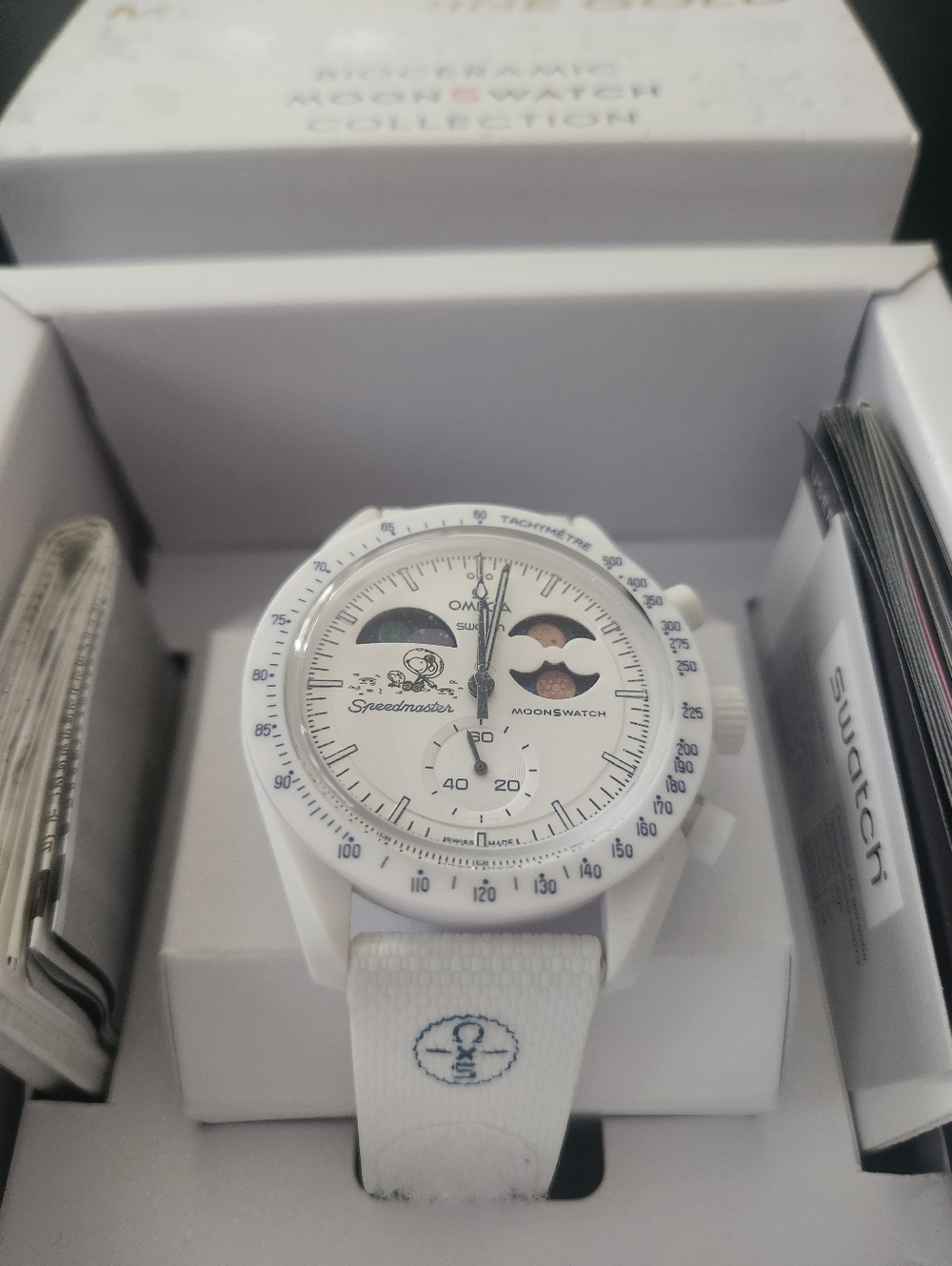 Swatch x 0mega White and Blue Moonshine Gold MoonSwatch Chronograph On HAND